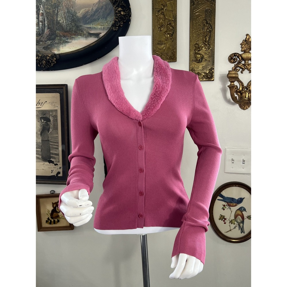 Staud Pink Ribbed Knit Cardigan Sweater with Matching Faux-Fur Collar Size M
